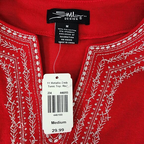 SML Design Tunic Top Womens Medium Metallic Embellished Red 3/4 Sleeve Knit NWT - Picture 8 of 10